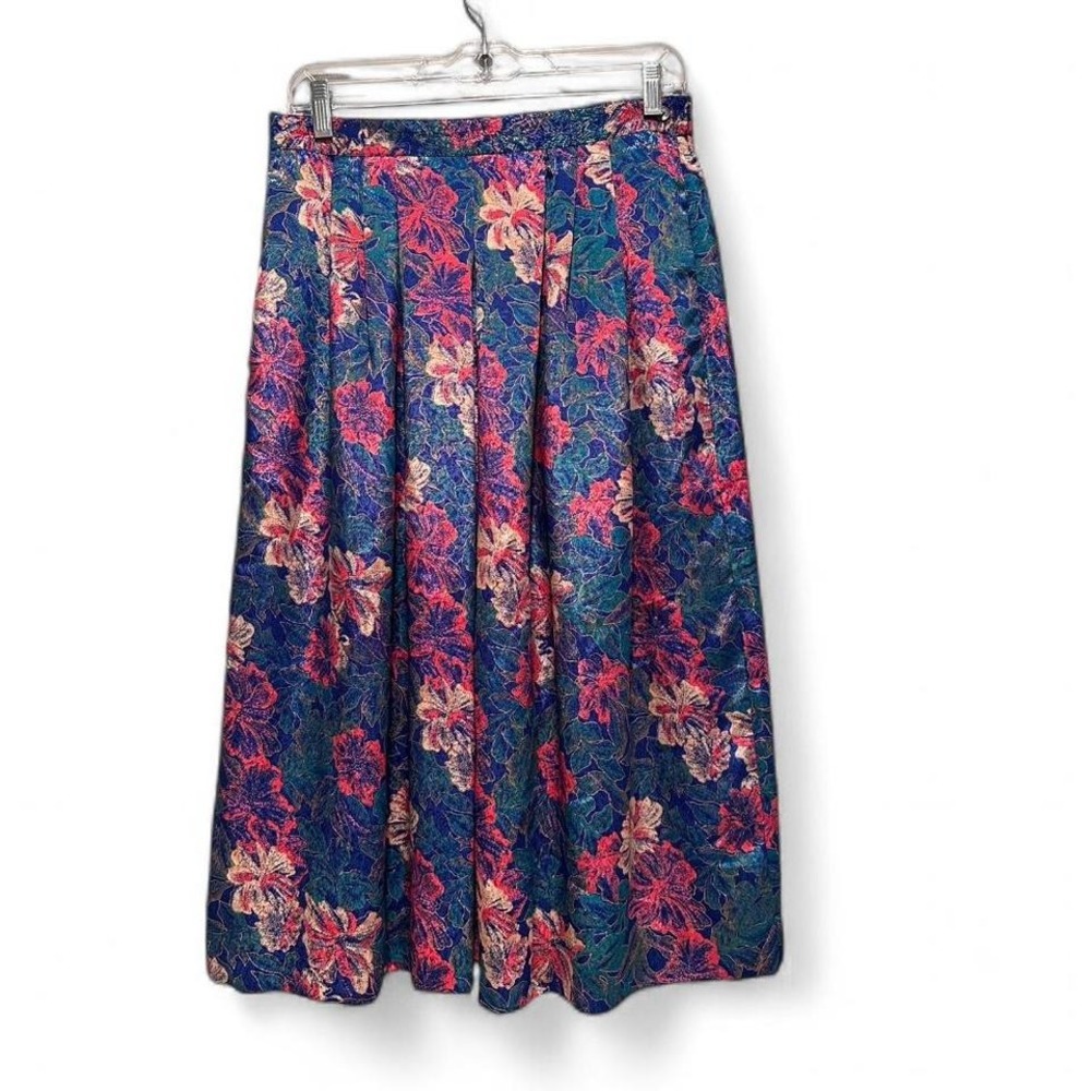 Vintage Gay Boyer Floral‎ Pleated Midi Skirt USA Blue Pink 90s Cottagecore
